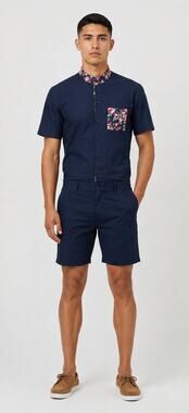RomperJack Men's Navy Rose Floral Trim Short Sleeve Romper Size Small